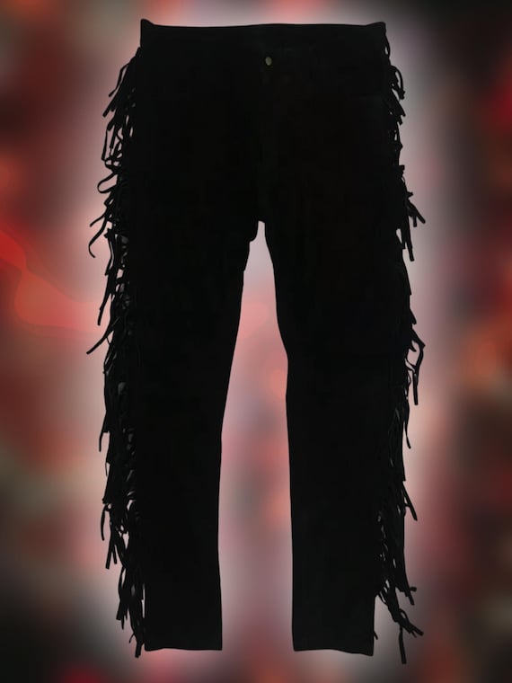 Pantaloni da uomo in pelle scamosciata nera con frange: pantaloni da cowboy  fatti a mano con nappe