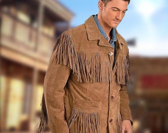 Men's Suede Fringe Western Jacket: 70s Cowboy Style Handmade Coat