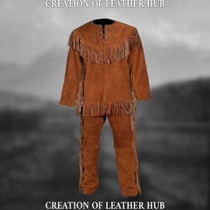 Native American-Inspired Suede Leather Fringe Shirt & Trouser Set |Western Mountain Man Outfit | Old West Cowboy Attire | Wild West Clothing