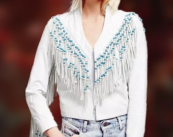Chaqueta de gamuza con flecos hecha a mano: estilo vaquera occidental con cuentas blancas y turquesas