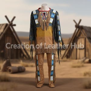 Op de afbeelding: Een leren outfit in Native American-stijl, bestaande uit een shirt met lange mouwen en een broek. De shirt heeft een gefranjerde yoke en mouwen, met blauwe, witte en rode kralenaccenten. De broek heeft ook kralenfranjes. De outfit wordt op een mannequin gepresenteerd.