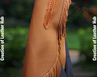 Leather Fringe Chinks Chaps: Handmade Basket Weave Tooled Yokes