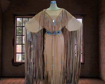 Handgemachte Leder Fransen Kleid: Ebenen Indischen Stil Perlen Powwow Regalia