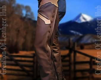 Handmade Tooled Leather Shotgun Chaps | Western Cowboy Fringe Pants