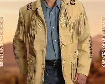 Men's Buffalo Leather Fringe Jacket: Handmade Western Cowboy Coat