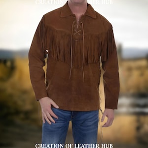 Men’s 100% Genuine Suede Leather Western Fringe Shirt – Cowboy Native Style Leather Jacket, Men’s Vintage Leather Shirt with Fringes
