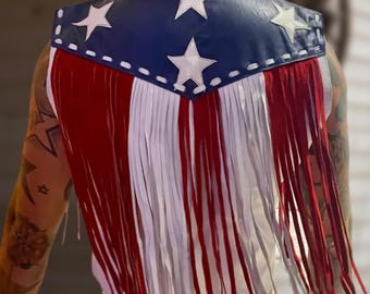 Veste en cuir faite main avec drapeau américain à franges : style cow-boy occidental unisexe
