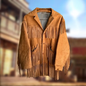 Men’s Western Suede Fringe Jacket, Tan Tassel Leather Coat, 70s Style Cowboy Outfit, Old West Inspired Wear, Handmade Gift for Him