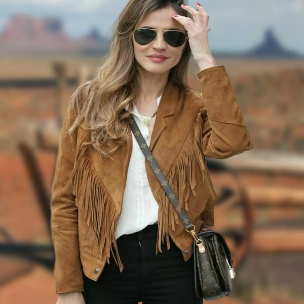 Chaqueta de gamuza con flecos hecha a mano: abrigo bohemio estilo western vintage para mujer