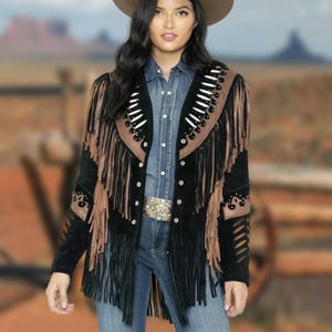 Women’s Brown Cowhide Leather Fringe Jacket – Vintage Western Festival Coat – Boho Style Tassel Jacket –  Cowgirl Outerwear - Gift for her