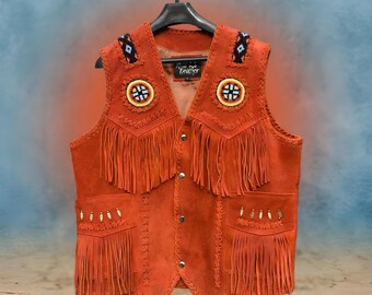 Handmade Suede Leather Western Vest: Beaded Fringe Rodeo Apparel