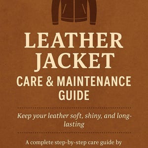 May include: A brown leather jacket care and maintenance guide. The guide includes the text "LEATHER JACKET CARE & MAINTENANCE GUIDE" and "Keep your leather soft, shiny, and long-lasting." The guide is by Creation of Leather Hub.