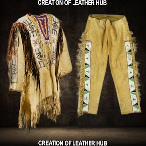 Native War Shirt Handmade Old Style Beige Buckskin Suede Hide Beaded Fringe Powwow War Shirt and Pant Native Powwow War Pant Outfit
