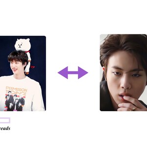 May include: Two photos of a young man with dark hair. The first photo shows the man wearing a white long-sleeved shirt with a graphic of a group of people and the text "Permission to Dance". The man is wearing a white plush toy on his head. The second photo shows the man wearing a dark jacket and looking at the camera. He is biting his finger and wearing a ring on his finger.