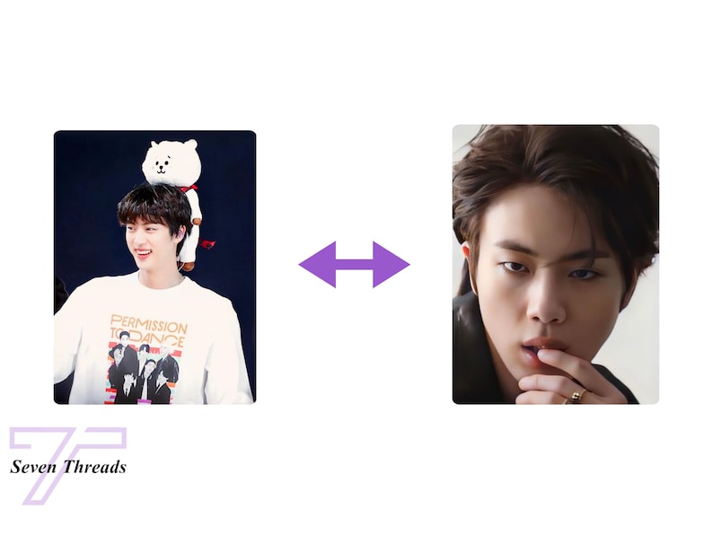 May include: Two photos of a young man with dark hair. The first photo shows the man wearing a white long-sleeved shirt with a graphic of a group of people and the text "Permission to Dance". The man is wearing a white plush toy on his head. The second photo shows the man wearing a dark jacket and looking at the camera. He is biting his finger and wearing a ring on his finger.