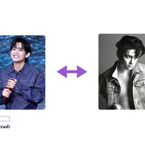May include: Two men wearing denim jackets. The man on the left is smiling and holding a microphone. The man on the right is looking at the camera with a serious expression.