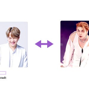 May include: Two photos of a man with light brown hair wearing a white shirt. The man on the left is smiling and wearing a white blazer. The man on the right is wearing a white shirt with a ripped sleeve and a silver chain necklace. The background of the photo on the left is white. The background of the photo on the right is purple.