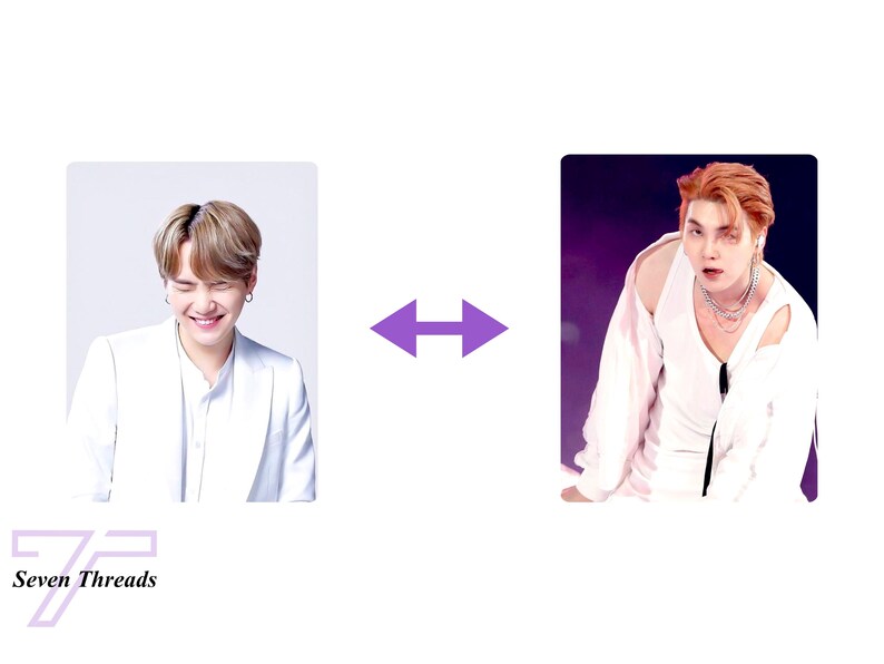 May include: Two photos of a man with light brown hair wearing a white shirt. The man on the left is smiling and wearing a white blazer. The man on the right is wearing a white shirt with a ripped sleeve and a silver chain necklace. The background of the photo on the left is white. The background of the photo on the right is purple.