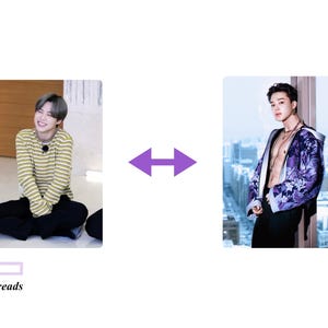 May include: Two photos of a person wearing different outfits. The first photo shows a person wearing a yellow and white striped long-sleeve shirt and black pants. The second photo shows a person wearing a purple and black patterned jacket with a black shirt underneath and black pants.