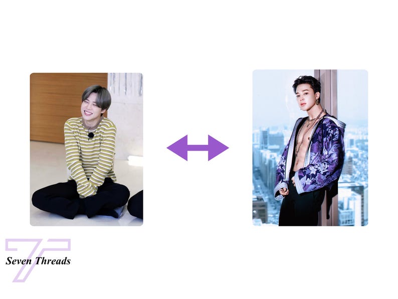 May include: Two photos of a person wearing different outfits. The first photo shows a person wearing a yellow and white striped long-sleeve shirt and black pants. The second photo shows a person wearing a purple and black patterned jacket with a black shirt underneath and black pants.