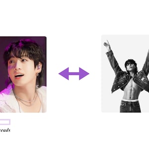 May include: Two images of a person with dark hair. The first image shows the person wearing a white shirt and looking to the right. The second image shows the person wearing a denim jacket and jeans with their arms raised.