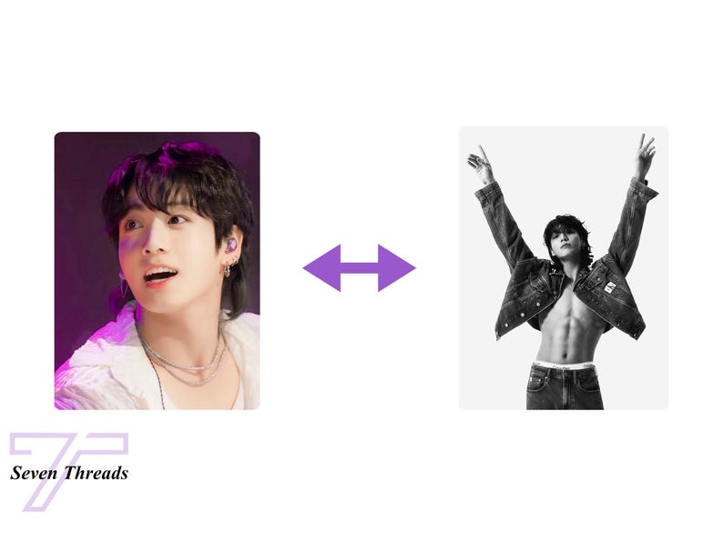 May include: Two images of a person with dark hair. The first image shows the person wearing a white shirt and looking to the right. The second image shows the person wearing a denim jacket and jeans with their arms raised.