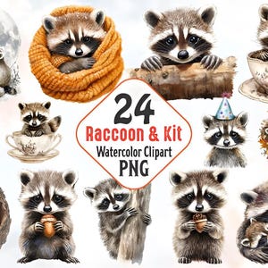 Ensemble de cliparts aquarelle raton laveur (24 modèles), mignons bébés ratons laveurs et kits PNG, prêt pour la sublimation, t-shirt, tasses fourre-tout, impressions