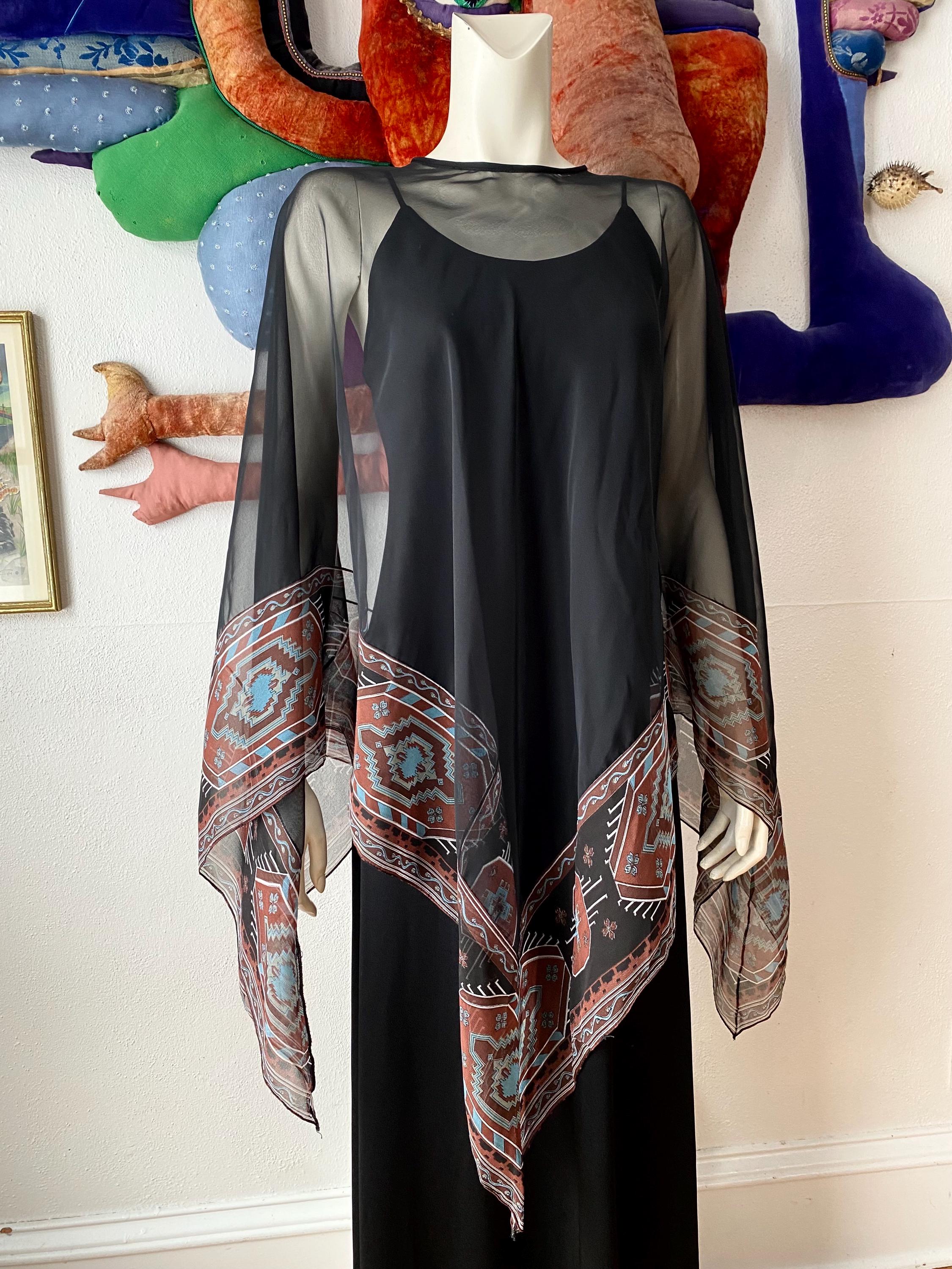Vintage 1970s BLACK DRESS + Chiffon Cape Sheer Witchy Prom Formal Maxi AJ Bari S