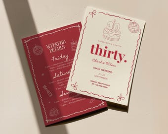 May include: Two rectangular invitation cards with red and cream color schemes. The cream card features the text thirty, Celebrating Charlie, Charlie Wilson, Miami Weekend, 21-23 September, and RSVP details. The red card lists weekend details.
