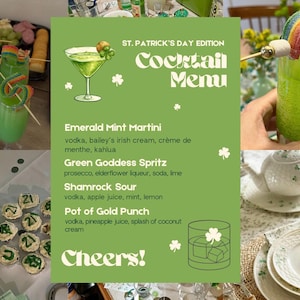Pode incluir: Imagem com o tema do Dia de São Patrício com um menu de cocktails, cocktails verdes e guloseimas festivas. O menu lista quatro cocktails: Emerald Mint Martini, Green Goddess Spritz, Shamrock Sour e Pot of Gold Punch. Outros itens incluem um bolo e cupcakes.