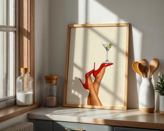 Martini & Red Heels Wall Art Print, Cocktail Bar Decor, Digital Download
