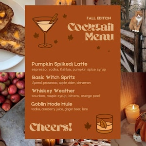 Fall Cocktail Menu Template:  Autumn Bar Sign, Halloween Party Drink Menu (Digital Download)