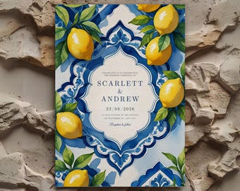 Lemon and blue tile wedding invitation, elegant Mediterranean Amalfi Coast template, editable digital download, printable 5x7 card