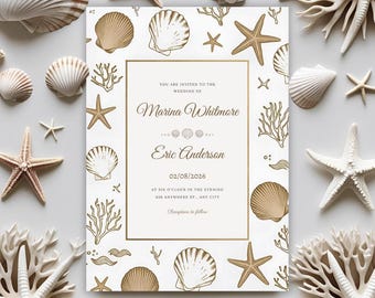 Beach wedding invitation, nautical shell canva template, romantic gold beige design, editable digital download, printable wedding card 5x7