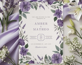 Lavender floral wedding invitation template, elegant purple lilac canva invite, editable digital download, printable wedding card 5x7