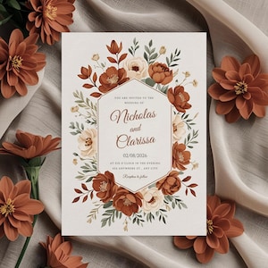 Könnte beinhalten: Eine Hochzeitseinladung mit den Namen "Nicholas und Clarissa" und dem Datum 02.08.2026, umgeben von einem Blumendesign in Rost-, Creme- und Grüntönen. Die Einladung befindet sich vor einem neutralen Hintergrund mit verstreuten rostfarbenen Blumen.