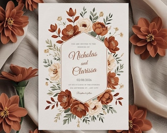 Terracotta autumn wedding invitation template, elegant floral fall boho invite, rustic canva design, editable printable wedding card 5x7