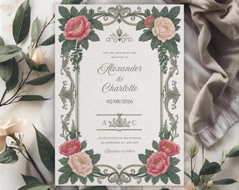 French floral wedding invitation template, elegant vintage frame canva design, romantic printable digital download 5x7