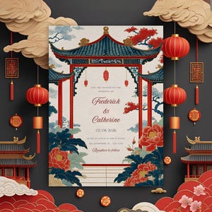 Asian inspired wedding invitation, elegant oriental floral template, editable canva download, printable digital wedding card 5x7