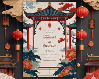 Asian inspired wedding invitation, elegant oriental floral template, editable canva download, printable digital wedding card 5x7