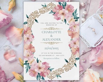 Pink floral wedding invitation, gold frame canva template, editable digital download, printable custom wedding card, romantic design 5x7