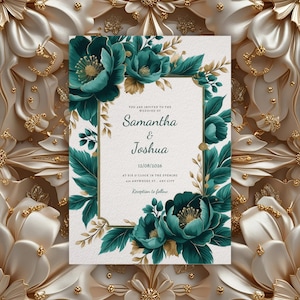 Puede incluir: Invitación de boda con detalles florales turquesa y ribetes dorados. La invitación incluye los nombres Samantha & Joshua, la fecha 12/08/2026 y los detalles del evento. El fondo es un diseño floral texturizado color crema.