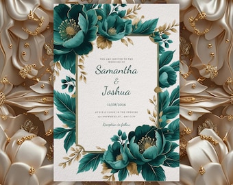 Emerald green and gold floral wedding invitation, elegant botanical canva template, editable digital download, printable wedding card 5x7