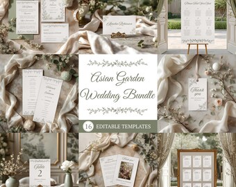 Sage Green Wedding Bundle, Chinoiserie Wedding Suite, Editable Canva Templates, French Toile Wedding Stationery