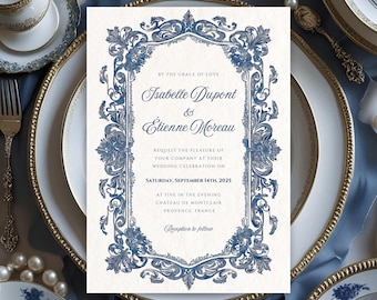 Blue French Baroque wedding invitation, elegant vintage canva template, editable printable 5x7 card, digital download invite