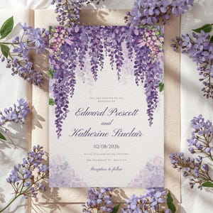 Puede incluir: Invitación de boda con un diseño de glicinas en acuarela en tonos morados y blancos. La invitación incluye los nombres Edward Prescott y Katherine Sinclair, la fecha, hora y lugar de la boda. Elementos florales enmarcan la invitación.