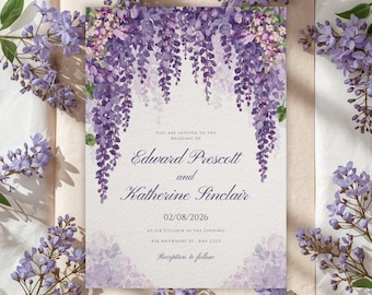 Purple wisteria wedding invitation, elegant floral editable template, romantic printable digital download, DIY wedding card 5x7