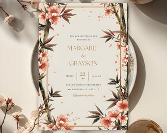 Cherry Blossom Wedding Invitation Template, Japanese Wedding Invite, Editable Canva, 5x7 Floral Invitation, Digital Download