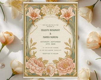 Art Nouveau Wedding Invitation Template, Editable Canva Invite, Vintage Floral Wedding Invitation, 5x7 Instant Download