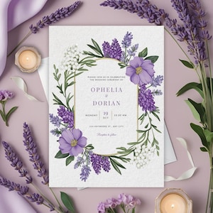 Elegant lavender floral wedding invitation, purple botanical canva template, editable digital download, printable custom wedding card 5x7